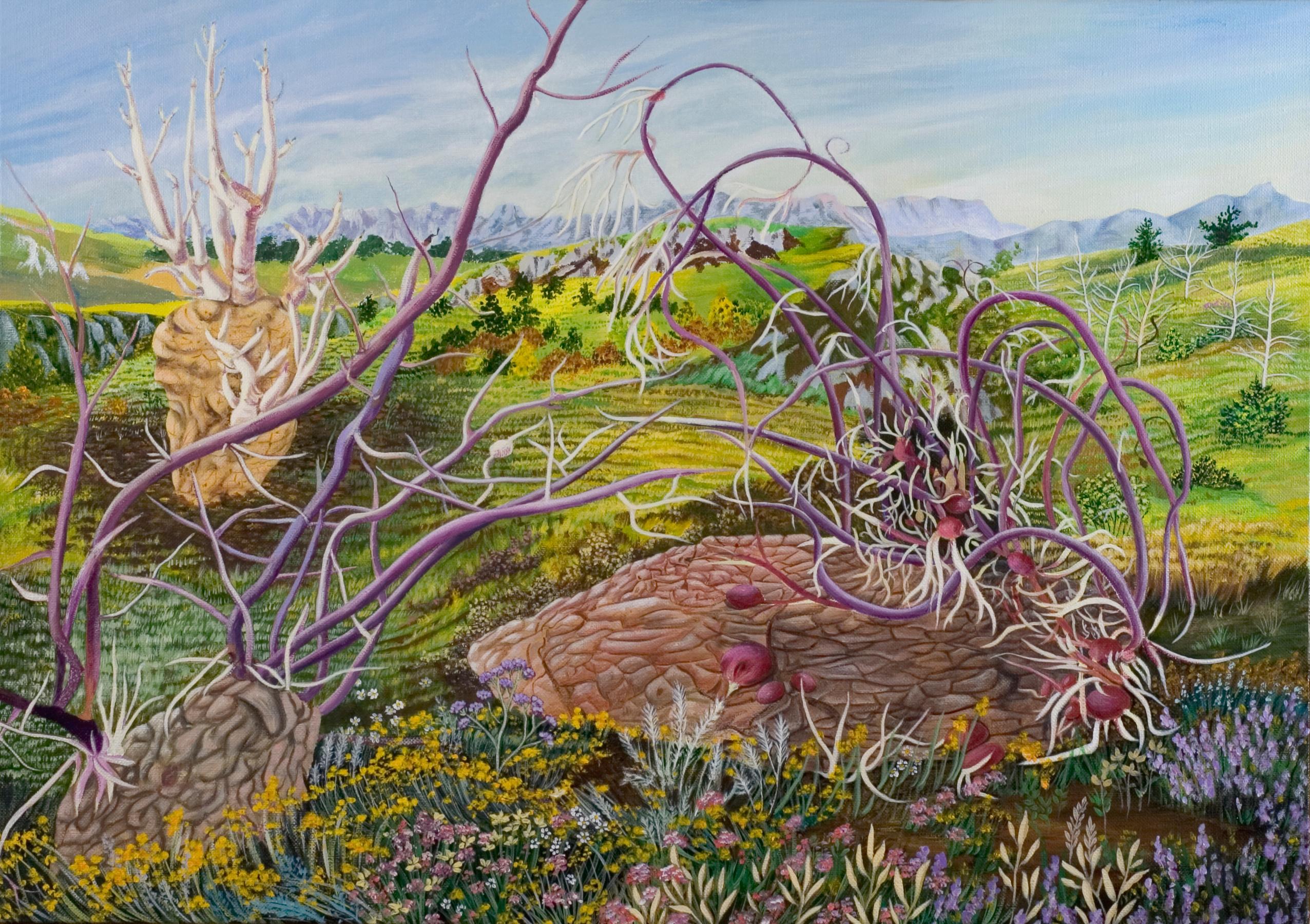 „“Patatissime“, Gigantic Potatoes Landlandschaft Naive/ Primitivistisch Acrylmalerei – Painting von Henriette Gorbitz