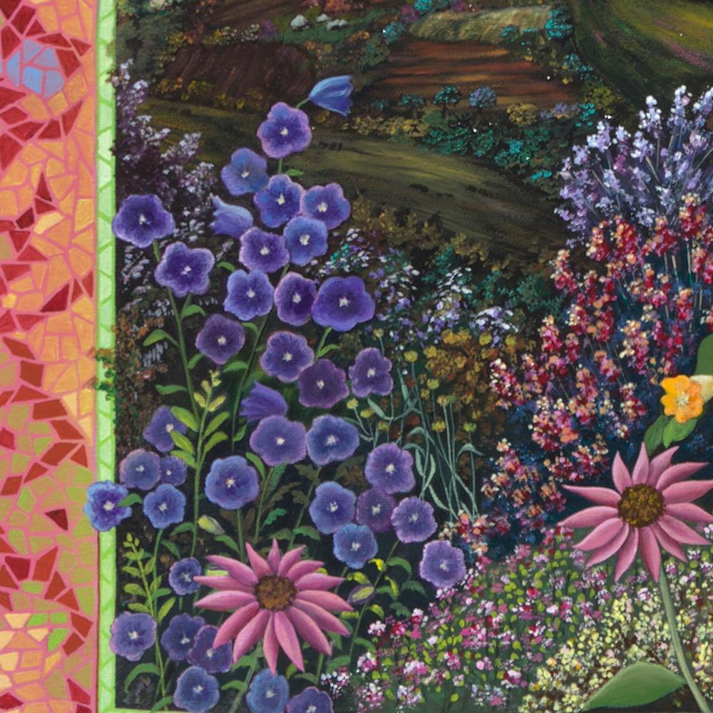 „Plein Chant“, Landschaft mit Blumen, naives/Primitivistisches Acrylgemälde im Angebot 3