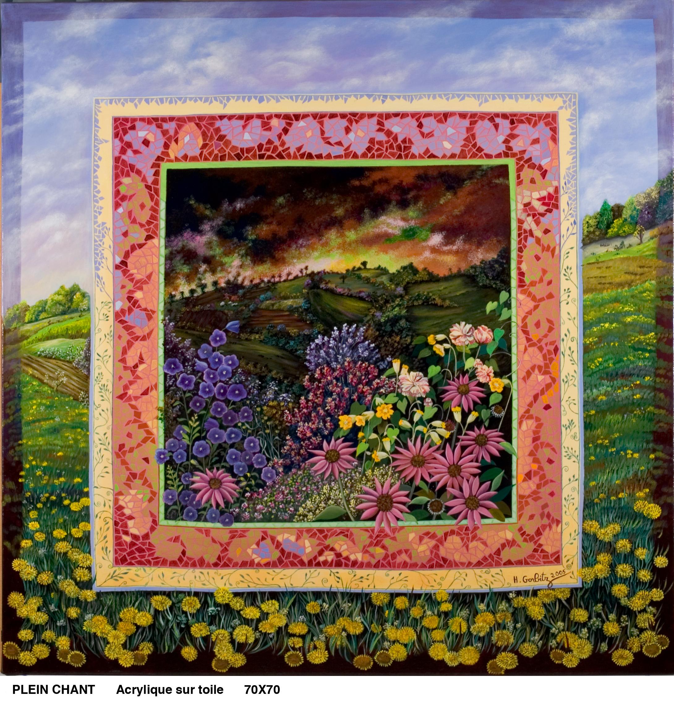 „Plein Chant“, Landschaft mit Blumen, naives/Primitivistisches Acrylgemälde – Painting von Henriette Gorbitz