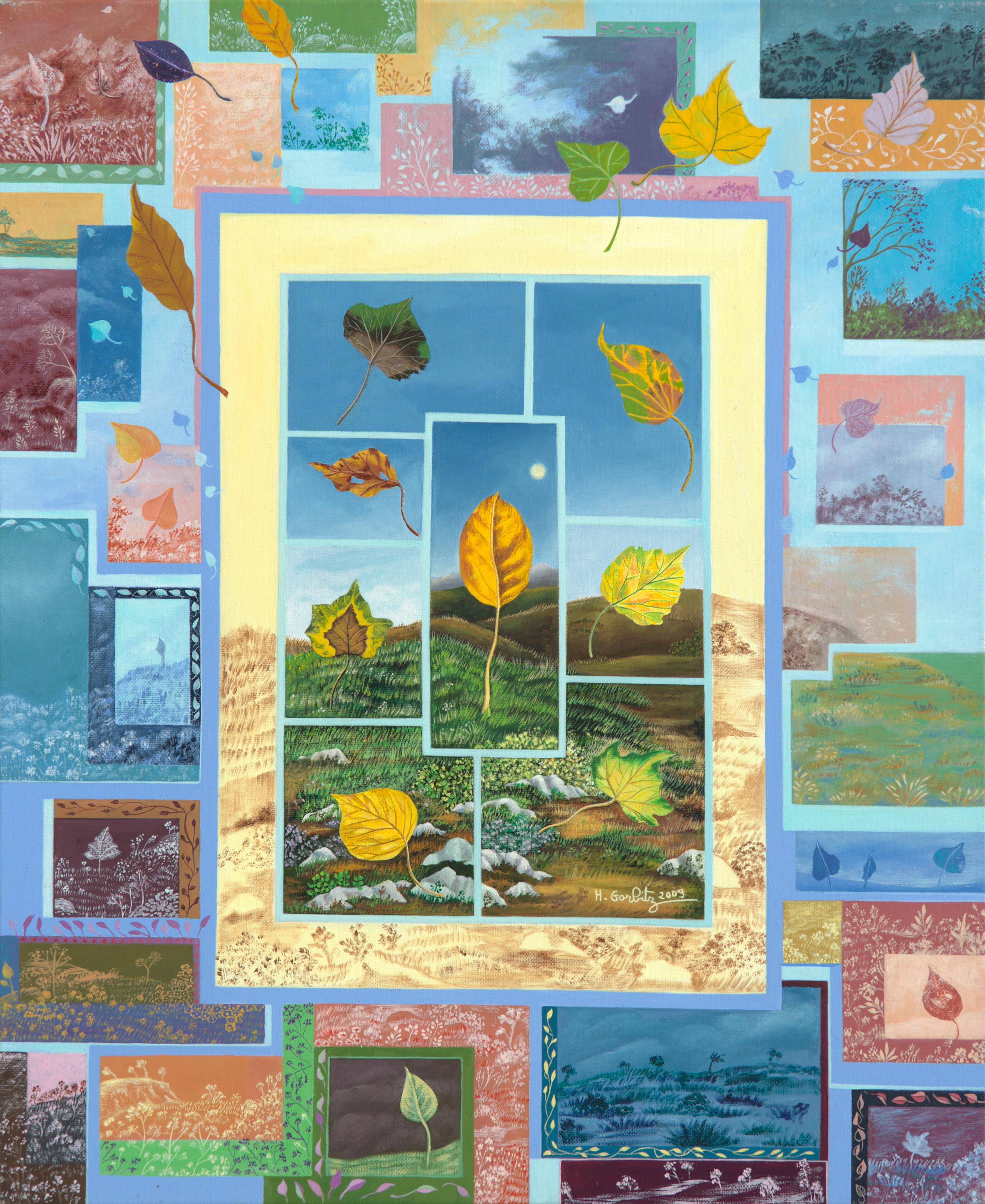 Henriette Gorbitz Figurative Painting - "Prisms", Patchwork of Leaves and Landscapes Naive/Primitivist Acrylic Painting