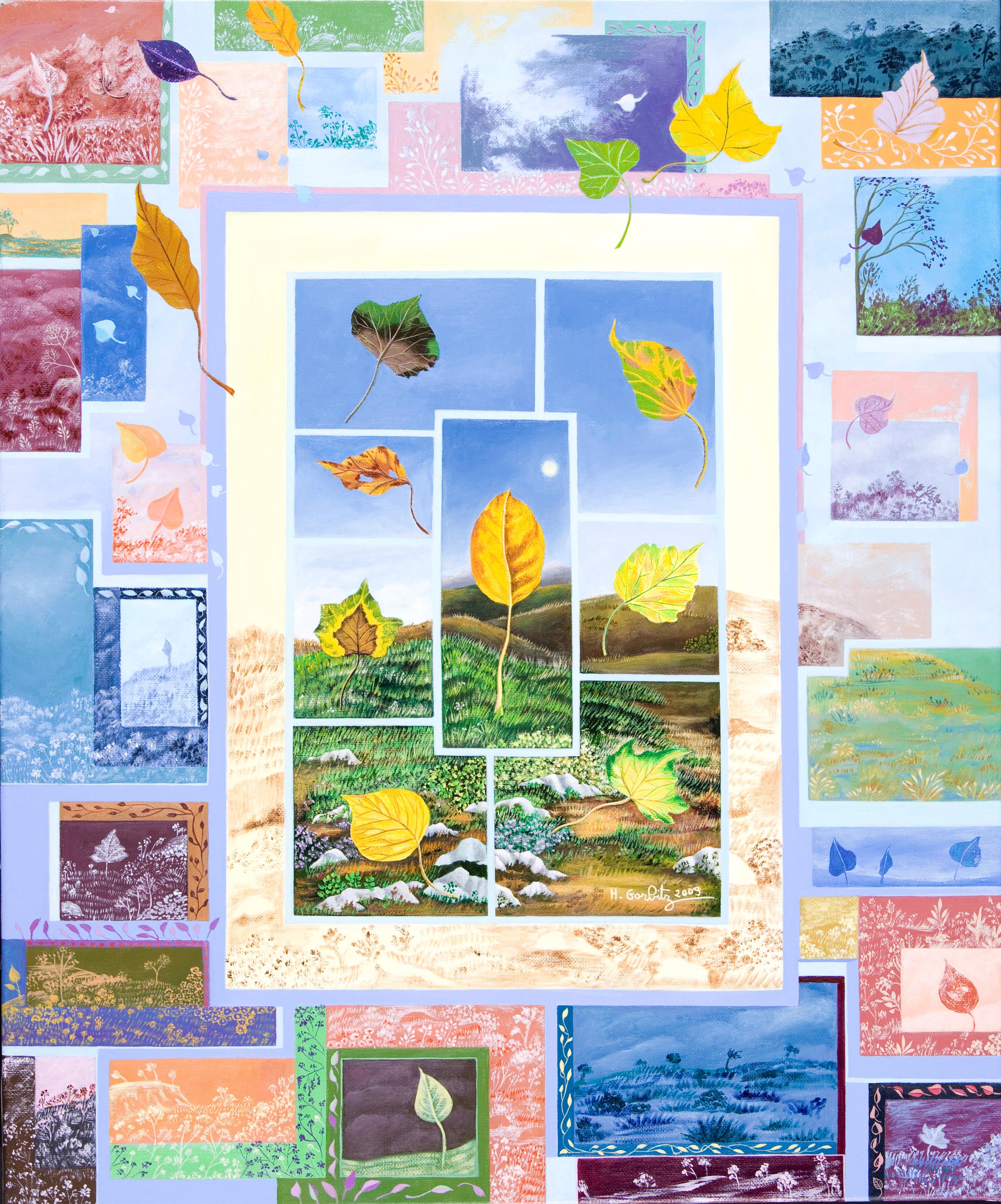 „Prisms“, Patchwork aus Blättern und Landschaften, naives/Primitivistisches Acrylgemälde – Painting von Henriette Gorbitz