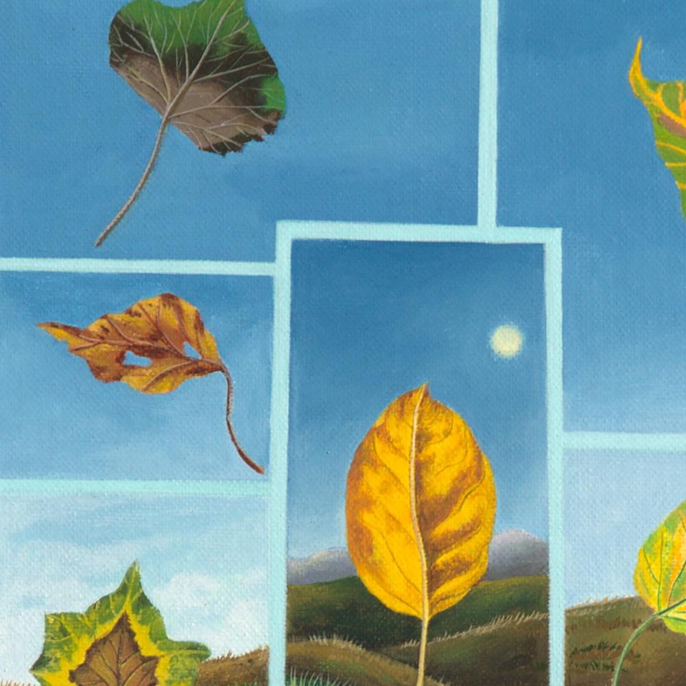 Esta obra de arte representa un mosaico de hojas de árbol y paisajes monocromos.

Esta obra de arte no está enmarcada.

Henriette Gorbitz es una artista francesa ingenua/primitiva, apasionada de Jean Giono.  Desea transmitir la belleza de la