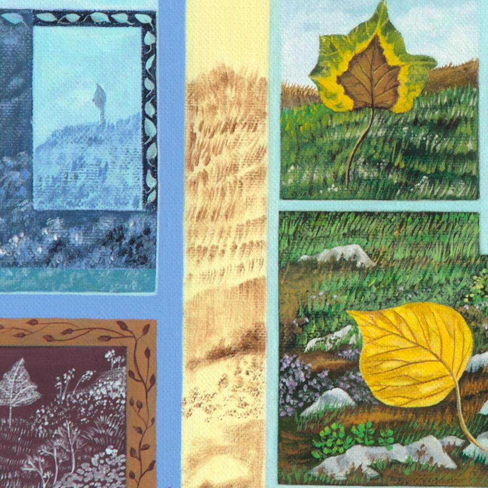 „Prisms“, Patchwork aus Blättern und Landschaften, naives/Primitivistisches Acrylgemälde im Angebot 1