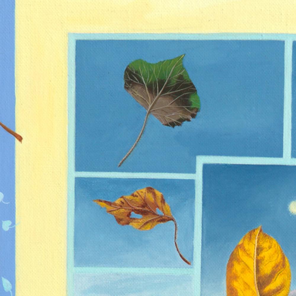 „Prisms“, Patchwork aus Blättern und Landschaften, naives/Primitivistisches Acrylgemälde im Angebot 6