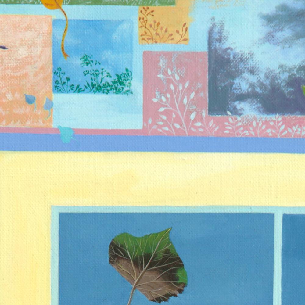„Prisms“, Patchwork aus Blättern und Landschaften, naives/Primitivistisches Acrylgemälde im Angebot 8