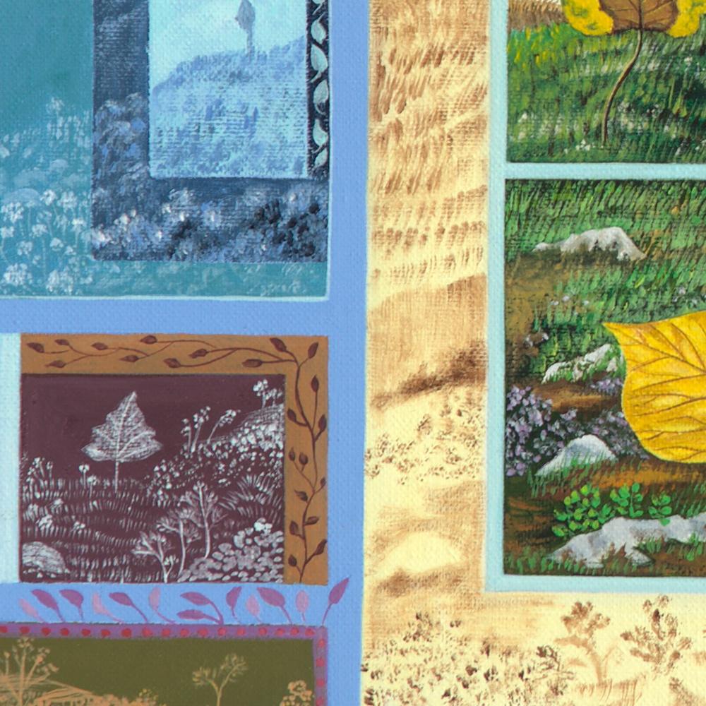 „Prisms“, Patchwork aus Blättern und Landschaften, naives/Primitivistisches Acrylgemälde im Angebot 9