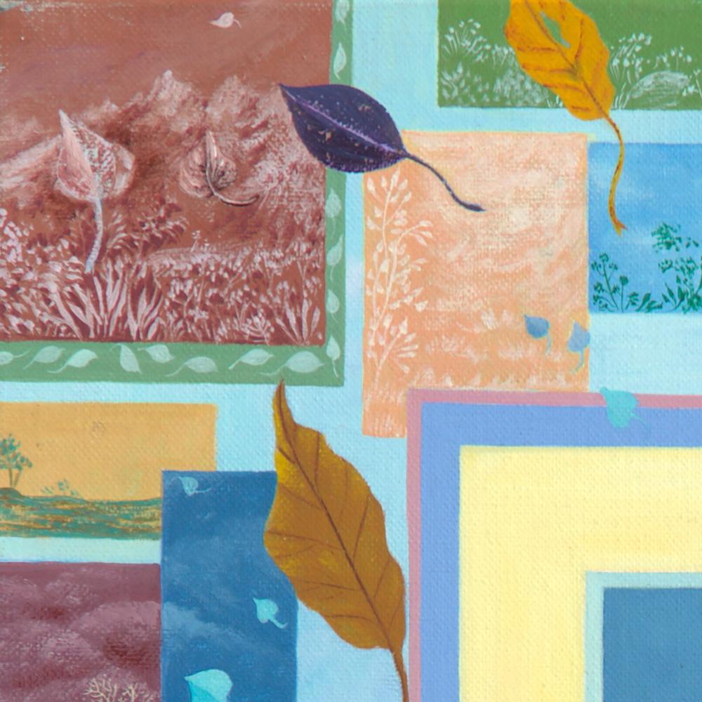 „Prisms“, Patchwork aus Blättern und Landschaften, naives/Primitivistisches Acrylgemälde im Angebot 10