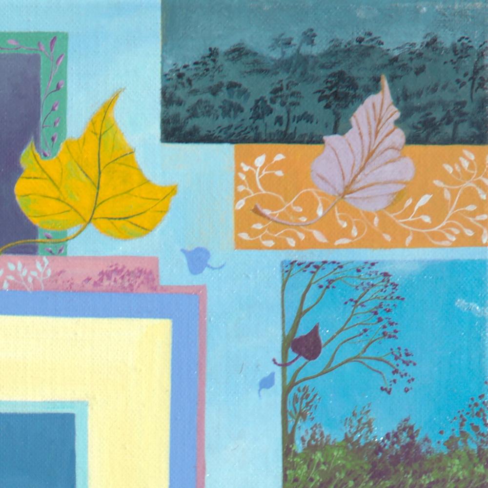 „Prisms“, Patchwork aus Blättern und Landschaften, naives/Primitivistisches Acrylgemälde im Angebot 11
