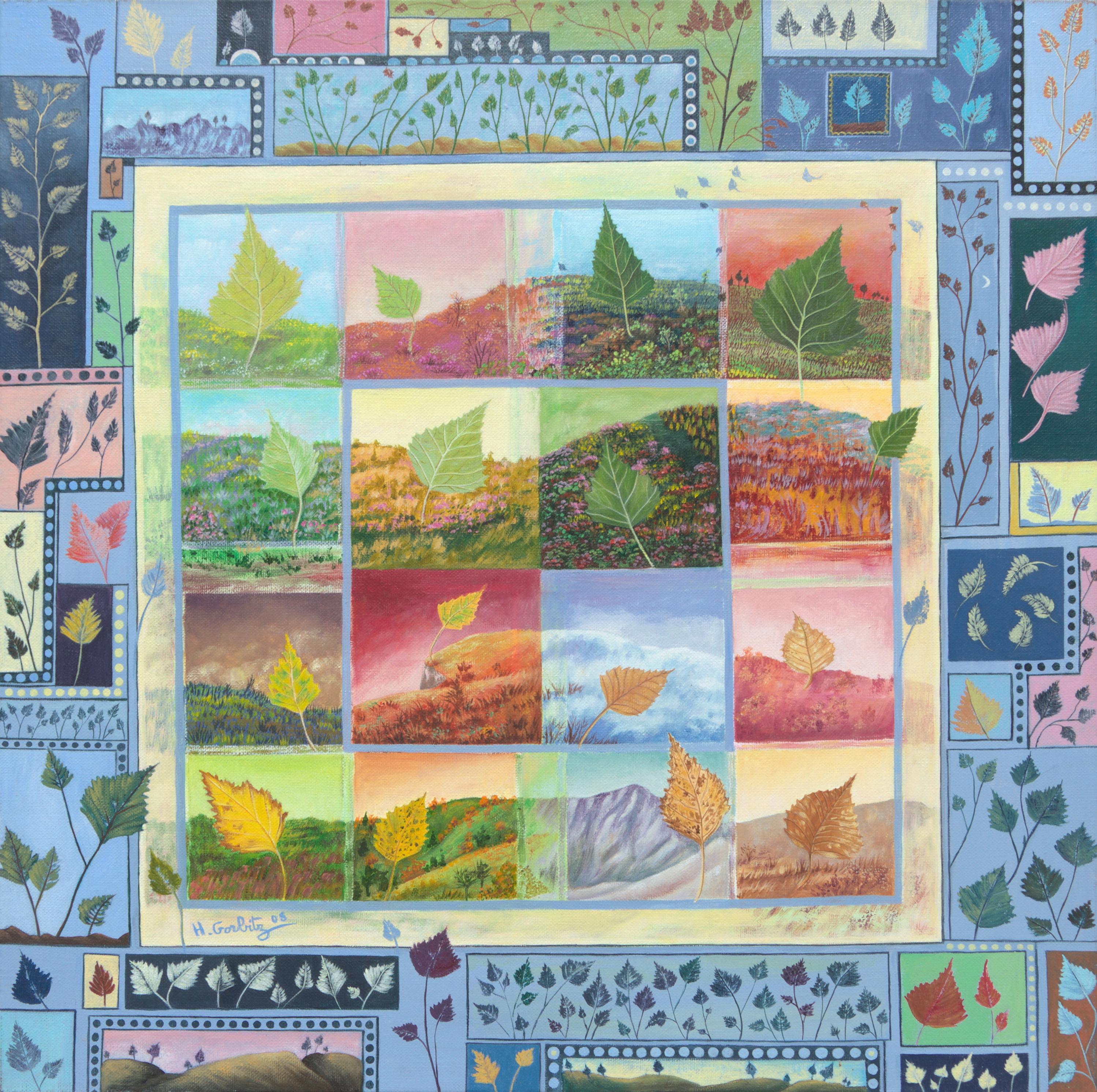 Henriette Gorbitz Landscape Painting – „Four Seasons“, Blätter und Landschaften, naive/primitivistische Acrylmalerei