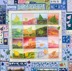 „Four Seasons“, Blätter und Landschaften, naive/primitivistische Acrylmalerei