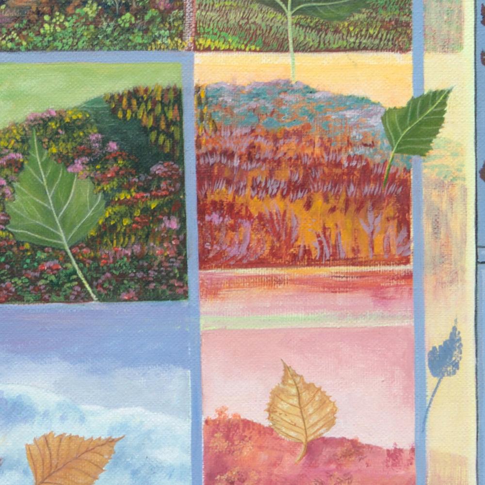 Dieses Kunstwerk zeigt die Entwicklung eines Birken- oder Pappelblattes im Laufe der Jahreszeiten, von hellgrün bis schmutzigbraun, in 16 Tafeln, die auf einem 4×4-Tisch angeordnet sind.  Die Landschaft jeder Reihe verlängert sich in den vier