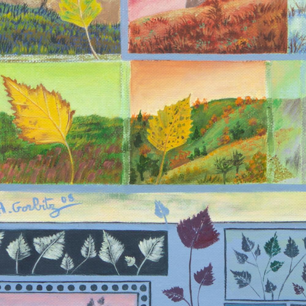 „Four Seasons“, Blätter und Landschaften, naive/primitivistische Acrylmalerei im Angebot 1