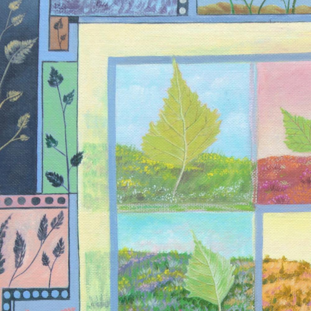 This artwork depicts the evolution of a birch or poplar leaf along the seasons, from light green to dirt brown, in 16 panels disposed in a 4×4 table.  The landscape of each row prolongs in the four columns, with different colors and characteristics.