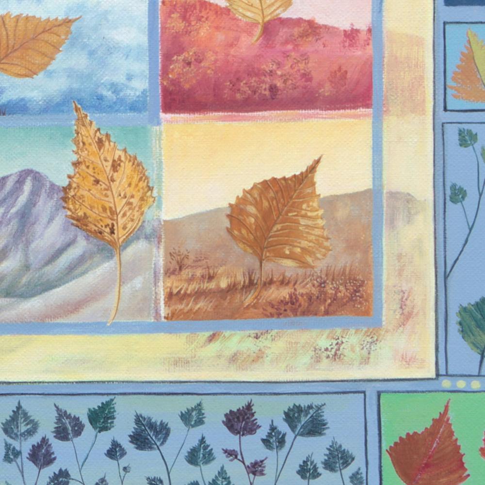 „Four Seasons“, Blätter und Landschaften, naive/primitivistische Acrylmalerei im Angebot 3