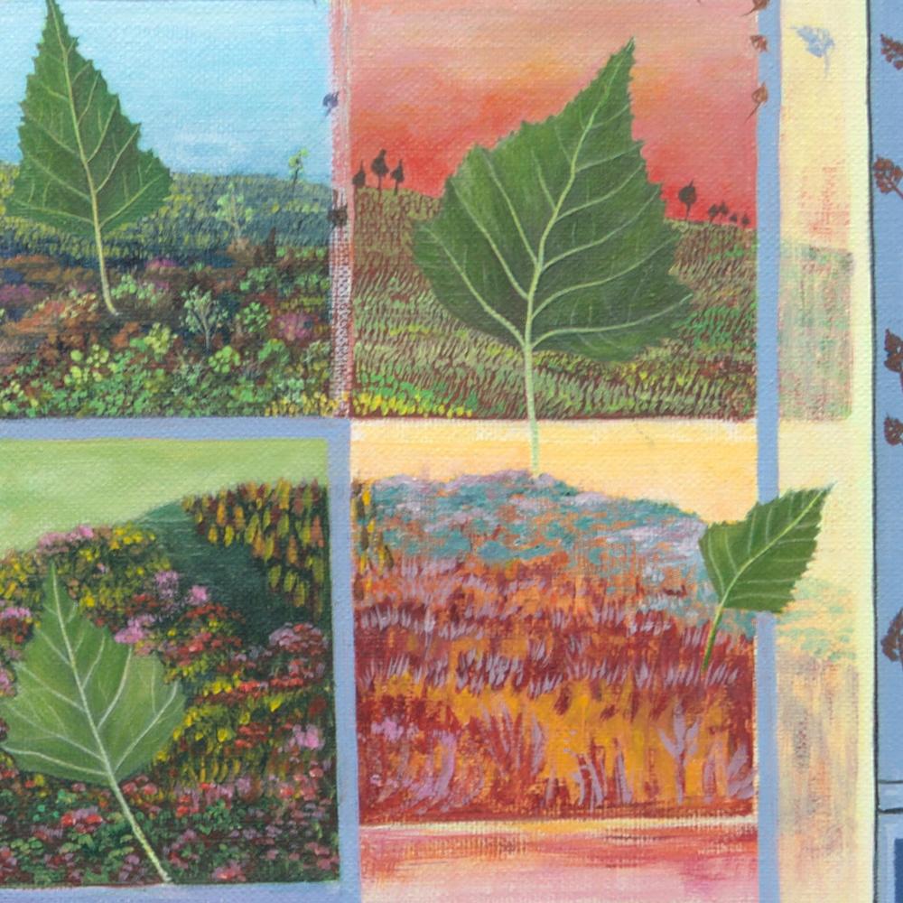 „Four Seasons“, Blätter und Landschaften, naive/primitivistische Acrylmalerei im Angebot 4