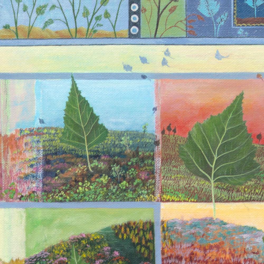 „Four Seasons“, Blätter und Landschaften, naive/primitivistische Acrylmalerei im Angebot 5