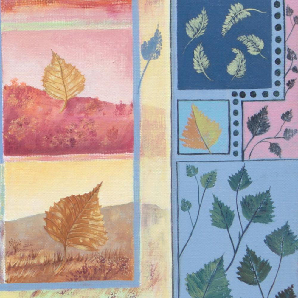„Four Seasons“, Blätter und Landschaften, naive/primitivistische Acrylmalerei im Angebot 6