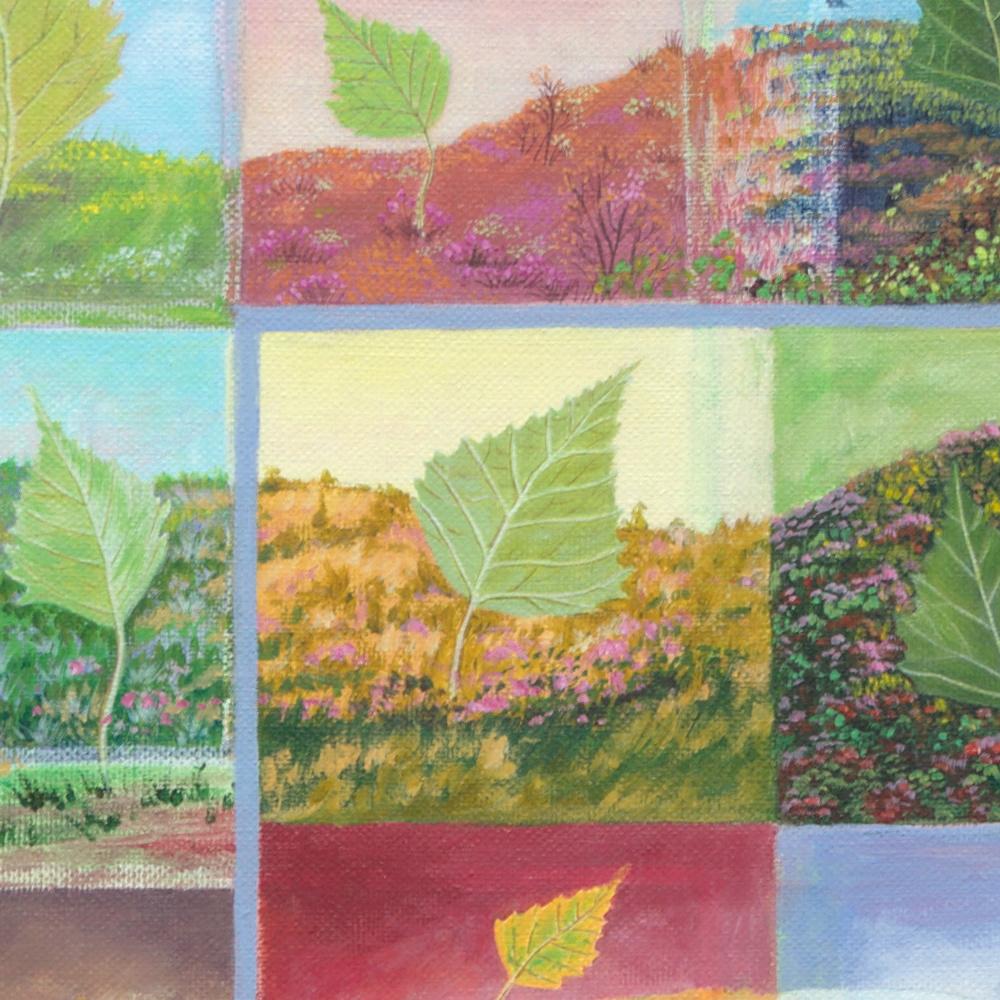 „Four Seasons“, Blätter und Landschaften, naive/primitivistische Acrylmalerei im Angebot 7