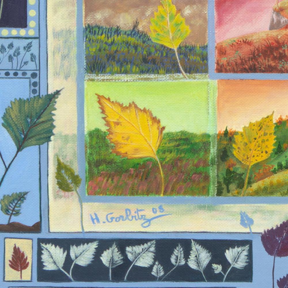 „Four Seasons“, Blätter und Landschaften, naive/primitivistische Acrylmalerei im Angebot 9