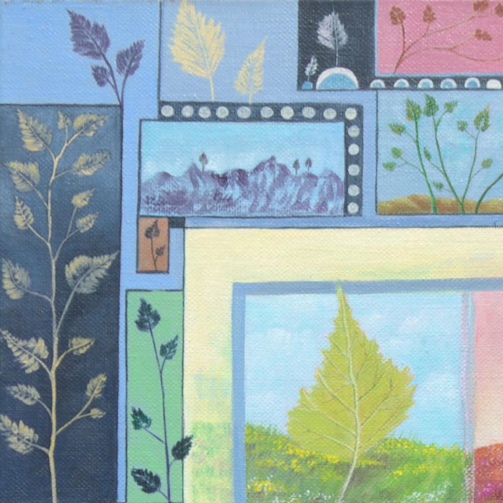 „Four Seasons“, Blätter und Landschaften, naive/primitivistische Acrylmalerei im Angebot 10