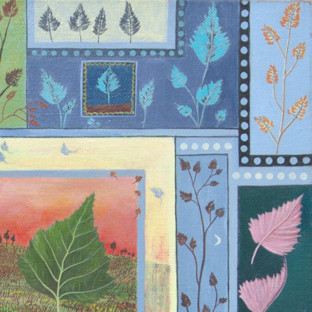 „Four Seasons“, Blätter und Landschaften, naive/primitivistische Acrylmalerei im Angebot 11