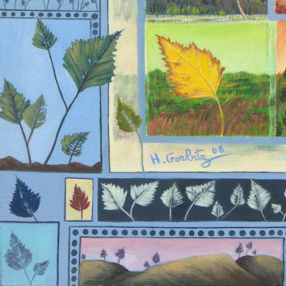„Four Seasons“, Blätter und Landschaften, naive/primitivistische Acrylmalerei im Angebot 12