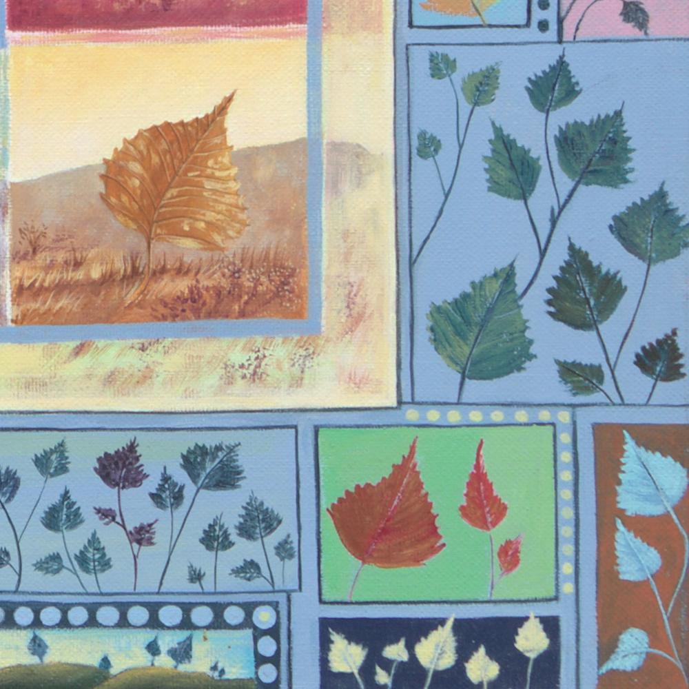 „Four Seasons“, Blätter und Landschaften, naive/primitivistische Acrylmalerei im Angebot 13