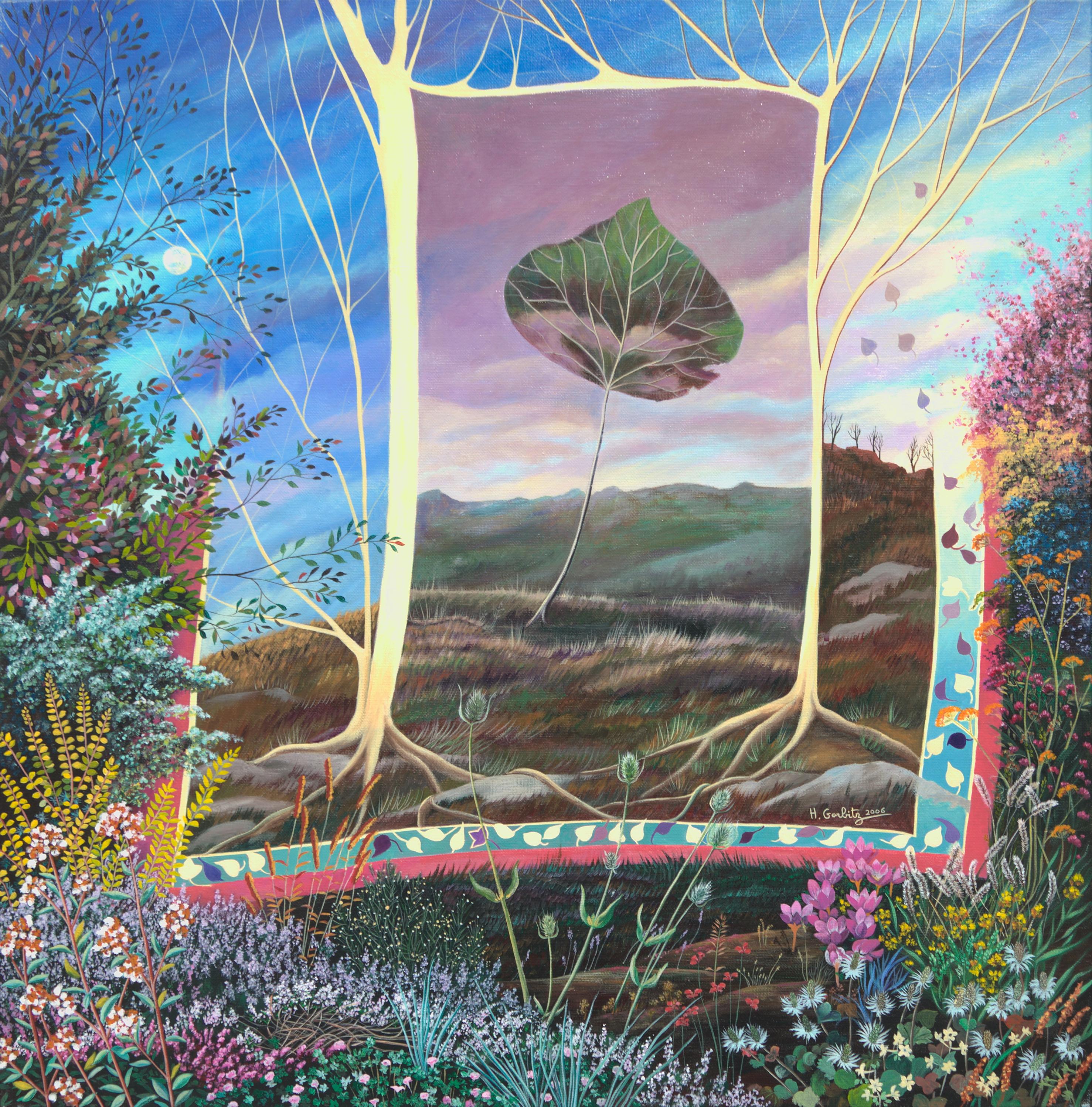 "Who Am I?", Large Leaf and Flowery Landscape Naive/Primitivist Acrylic Painting
