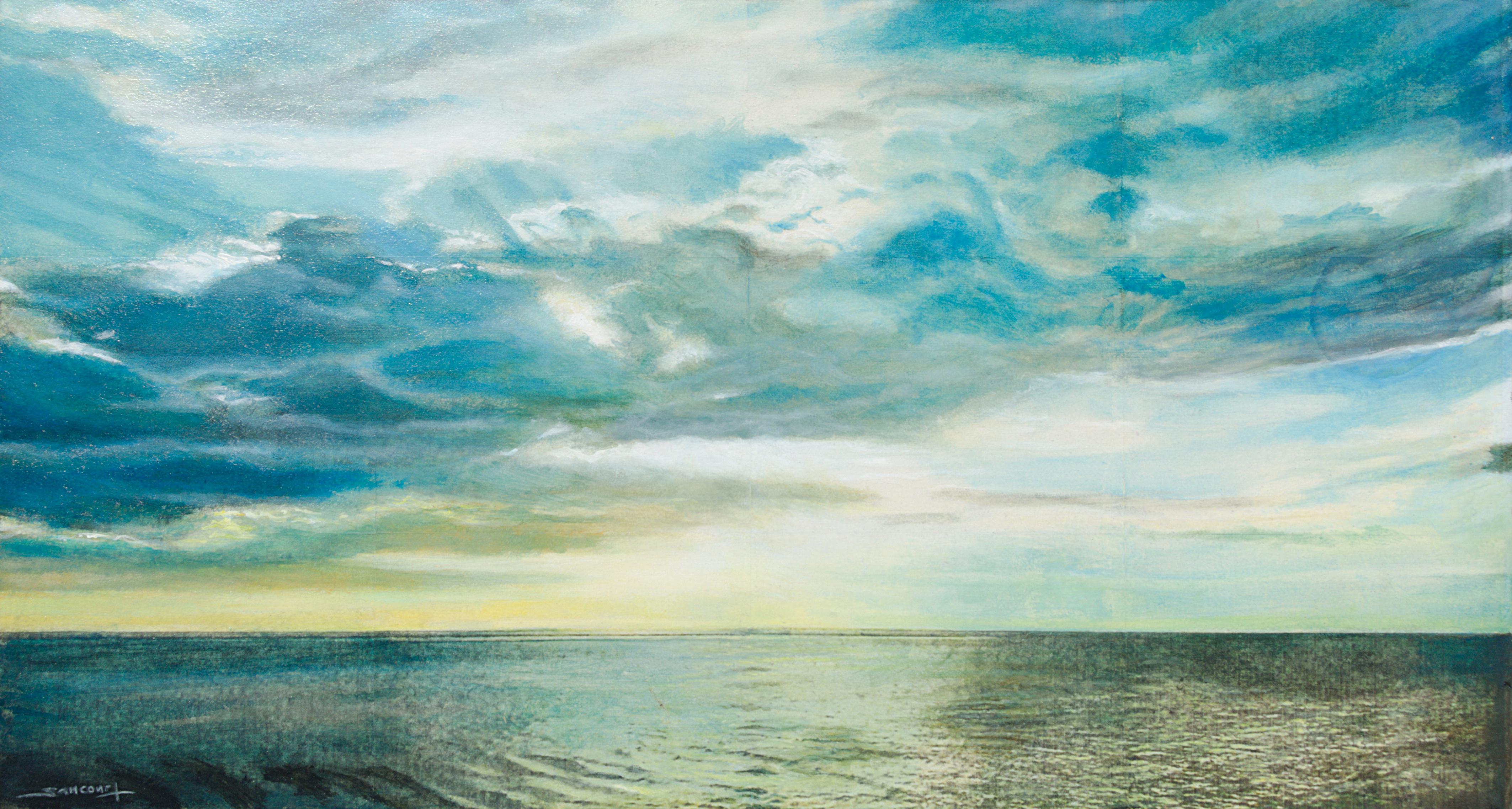 Philippe Saucourt Landscape Painting - "Seaside #27", Sea, Clouds and Sun Marine Landscape Mixed Media Painting