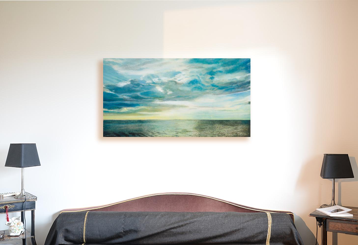 « Seaside #27 », Peinture de paysage maritime en techniques mixtes, mer, nuages et soleil - Painting de Philippe Saucourt