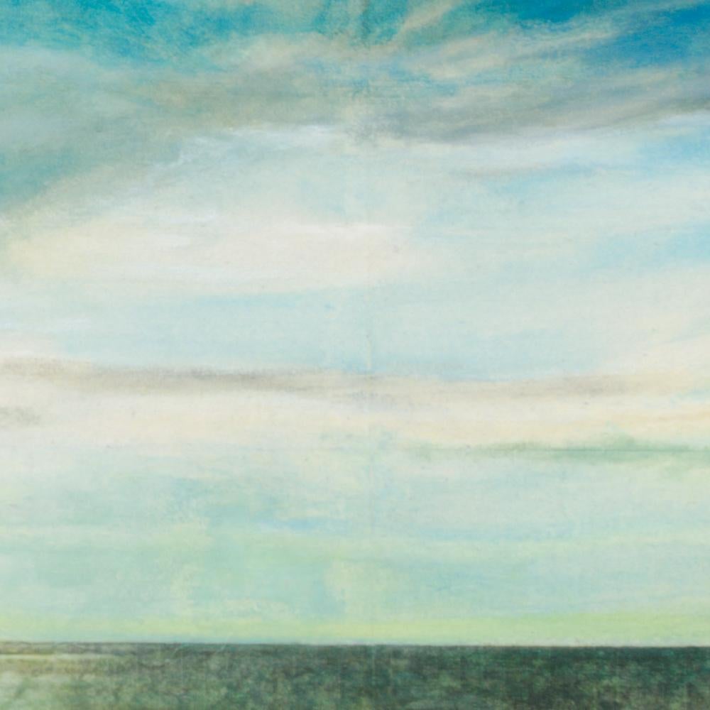 Dieses Kunstwerk zeigt eine Meereslandschaft, eine flache, ruhige Landschaft vor Sonnenuntergang, in der die Wolken die Sonne verdecken.

Dieses Werk wurde mit einer Mischtechnik aus Acrylmalerei auf Fotogrammen auf Reispapier, das auf eine