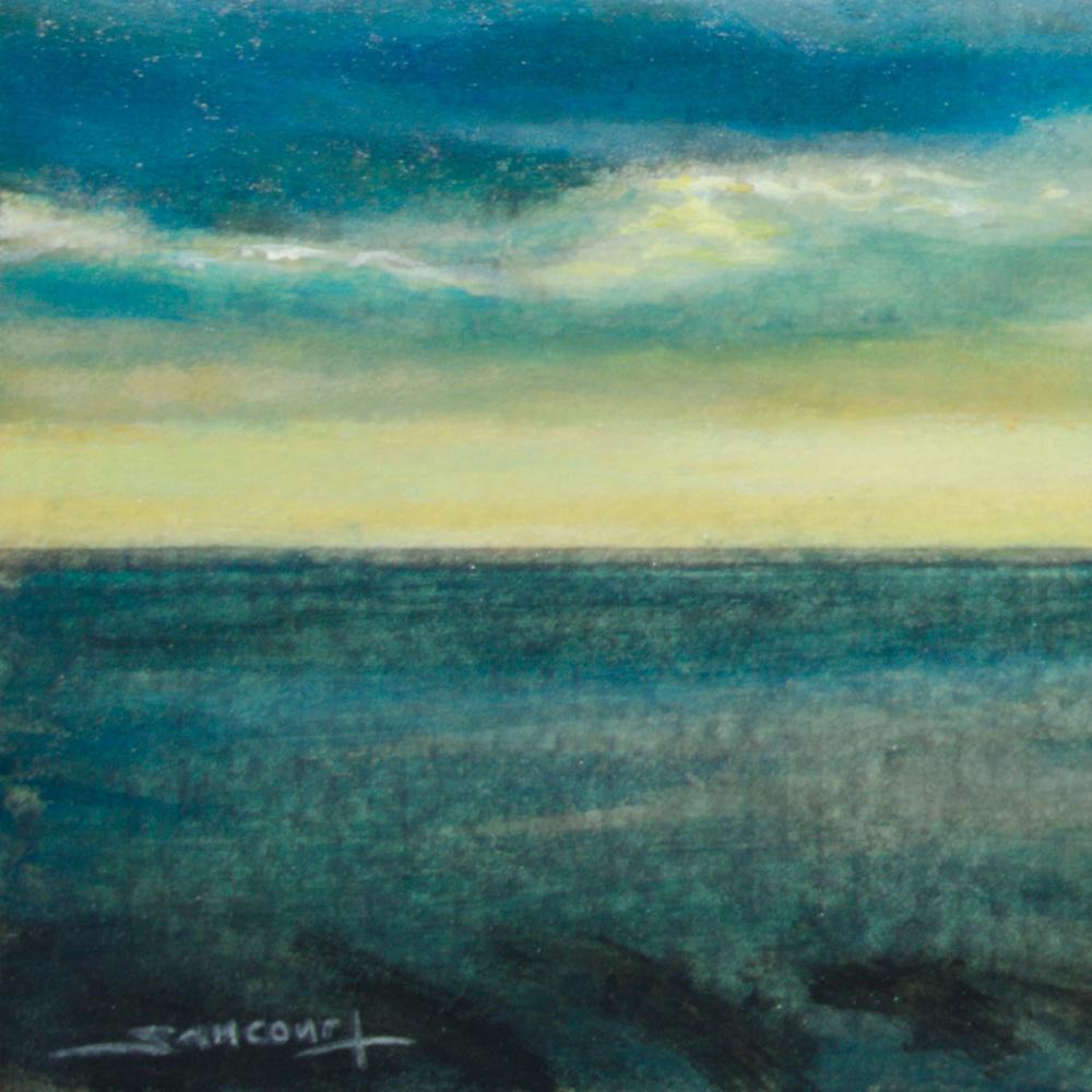 « Seaside #27 », Peinture de paysage maritime en techniques mixtes, mer, nuages et soleil en vente 10