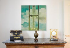 "Metal Sky", Tower Ladder and Clouds Mixed Media Painting