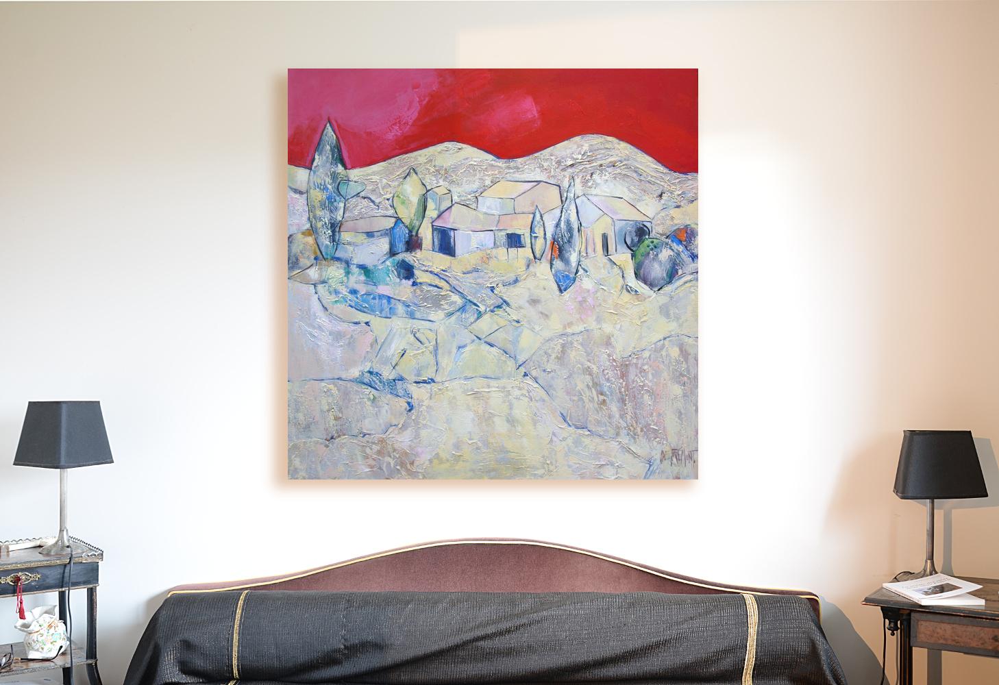 „ „Evening in Aureille“, klare Landschaft mit rotem Himmel, Ölgemälde in Mischtechnik – Painting von Andrée de Frémont