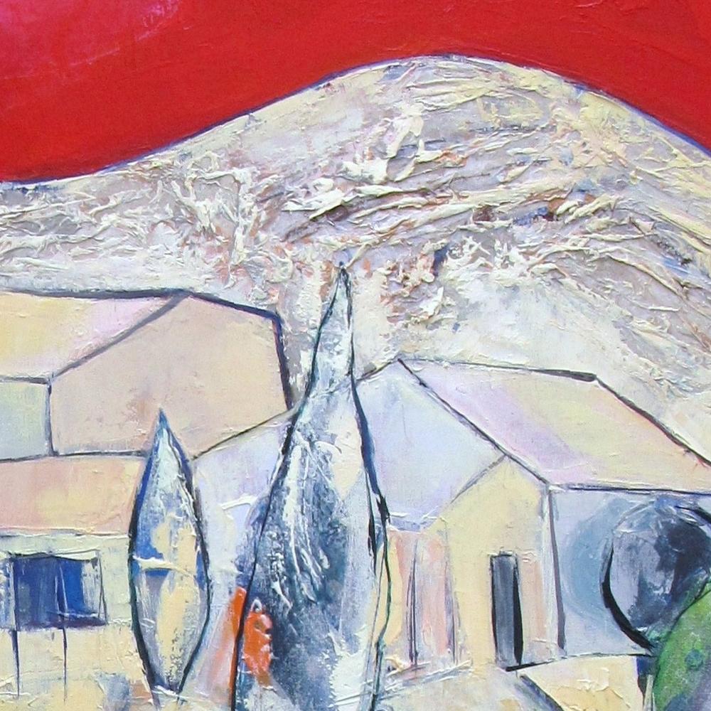 „ „Evening in Aureille“, klare Landschaft mit rotem Himmel, Ölgemälde in Mischtechnik im Angebot 1