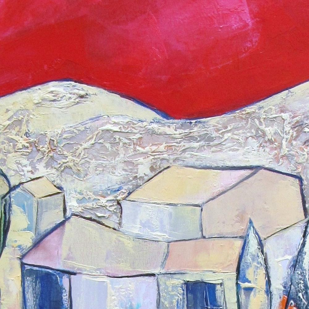 „ „Evening in Aureille“, klare Landschaft mit rotem Himmel, Ölgemälde in Mischtechnik im Angebot 2