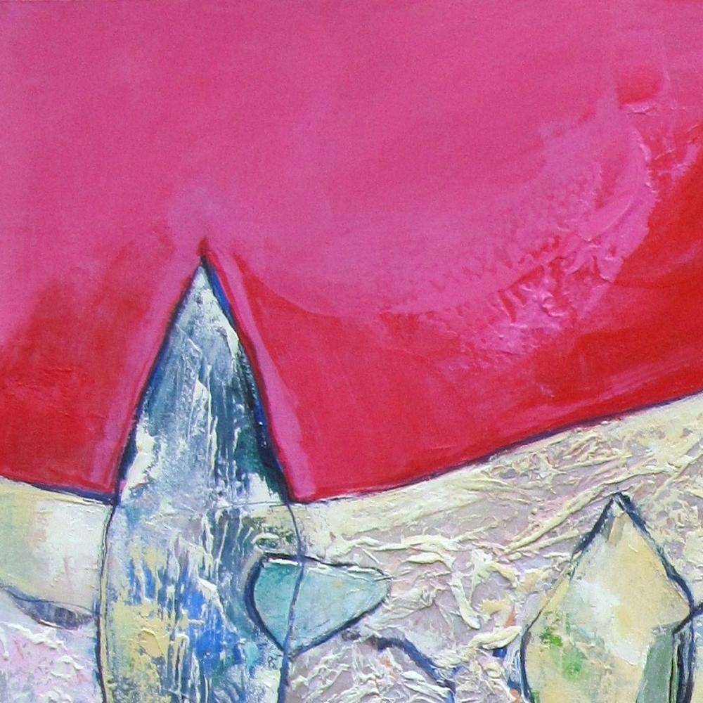 „ „Evening in Aureille“, klare Landschaft mit rotem Himmel, Ölgemälde in Mischtechnik im Angebot 8