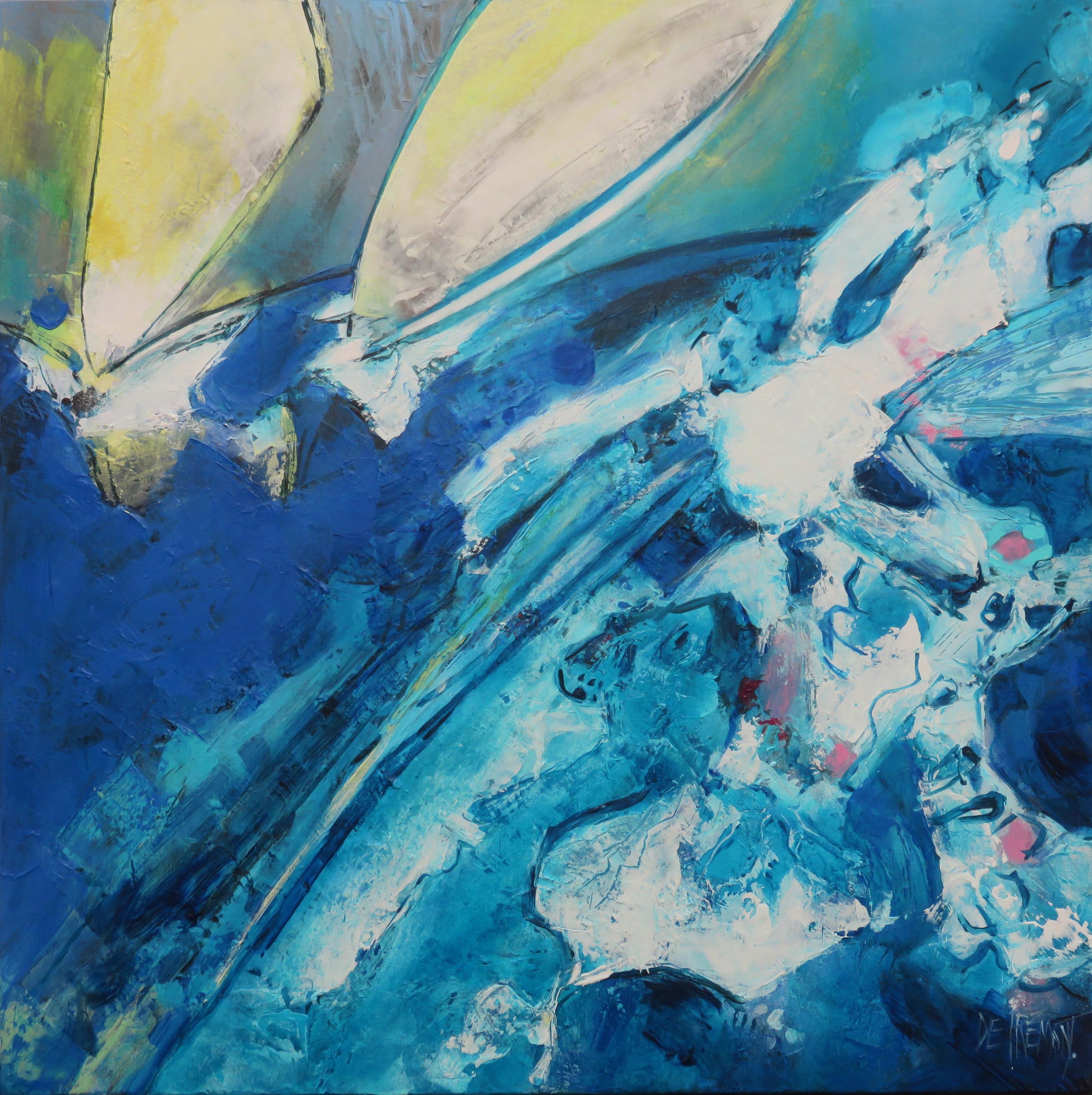 Andrée de Frémont Landscape Painting – „ „Windsurf““, schillernde Segel auf einer großen Welle, Ölgemälde in Mischtechnik