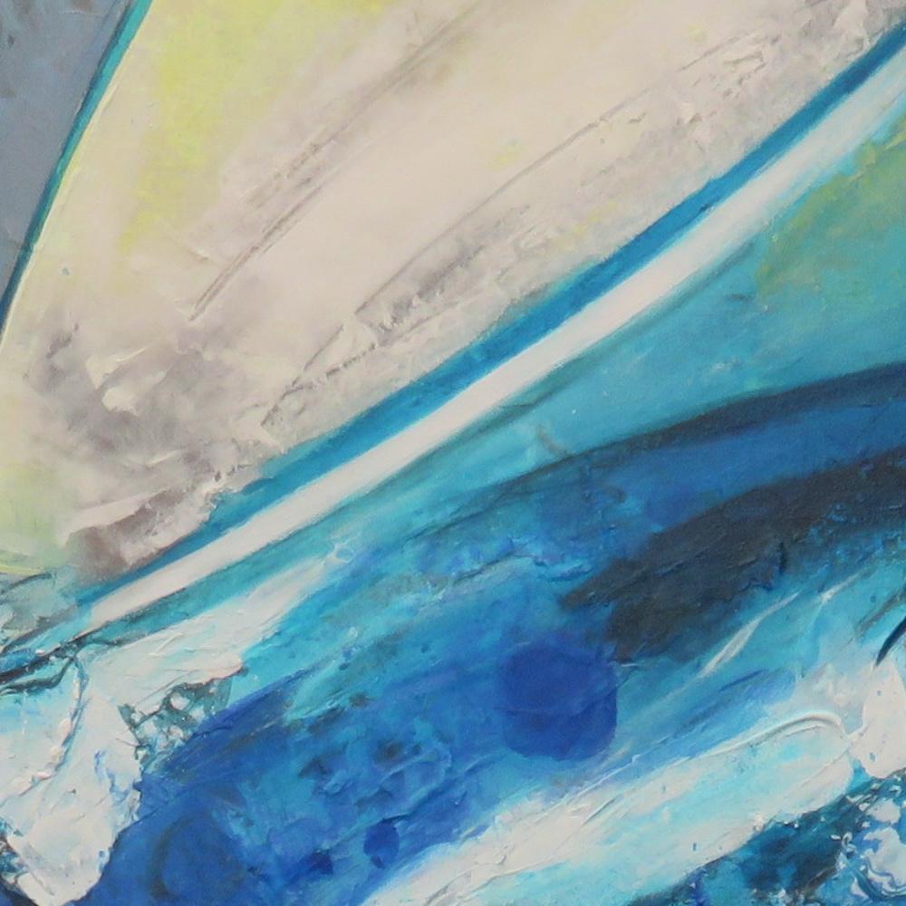 „ „Windsurf““, schillernde Segel auf einer großen Welle, Ölgemälde in Mischtechnik (Blau), Landscape Painting, von Andrée de Frémont
