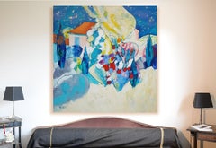 "Starry Night on the Entrechaux Garden", Modern Landscape Mixed Media Painting