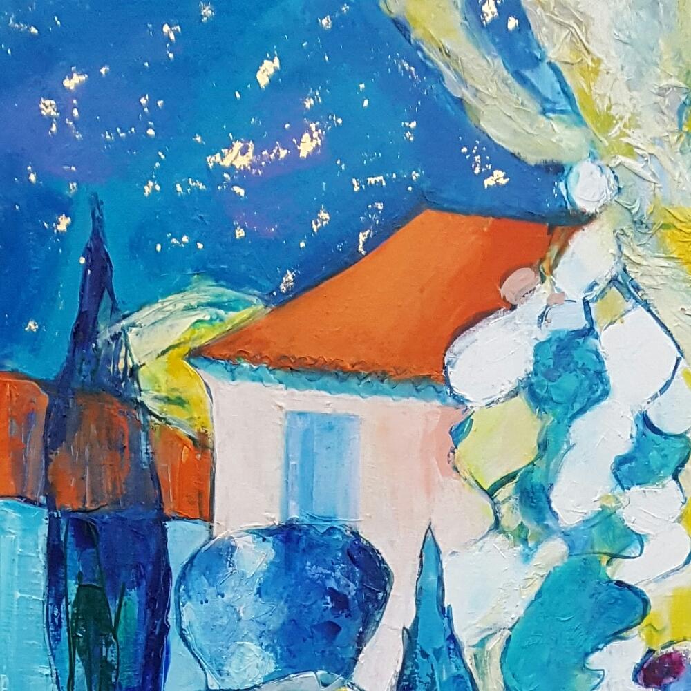 „Starry Night on the Entrechaux Garden“, moderne Landschaft, Gemälde in Mischtechnik im Angebot 4