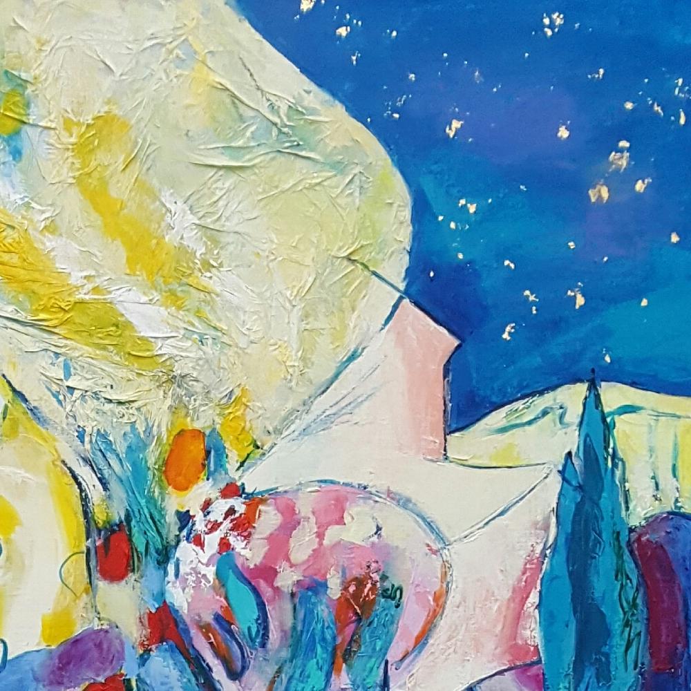 „Starry Night on the Entrechaux Garden“, moderne Landschaft, Gemälde in Mischtechnik im Angebot 6