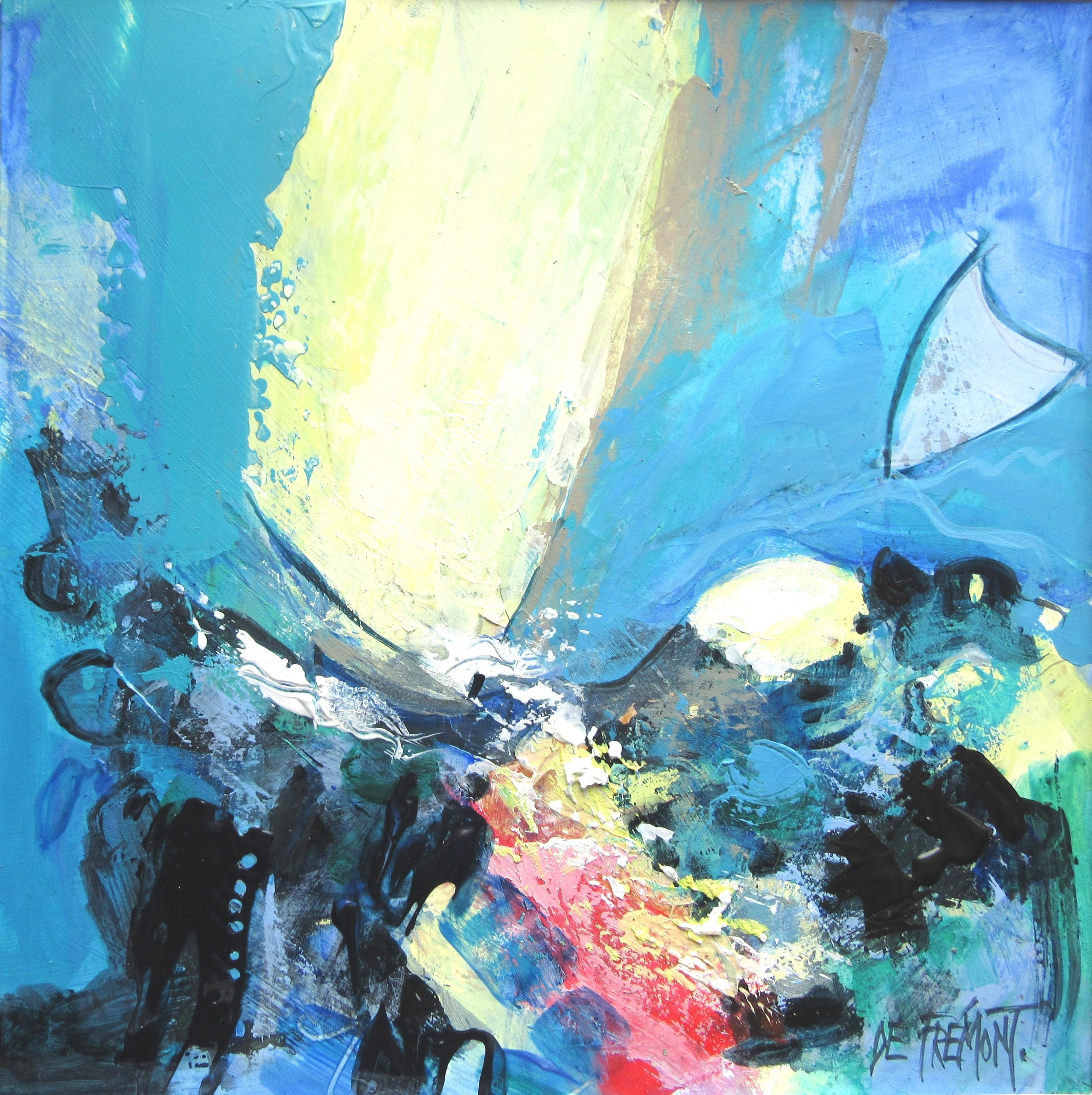 "Sun on the Sea", Large Colorful Squared Marine Landscape Mixed Media Painting