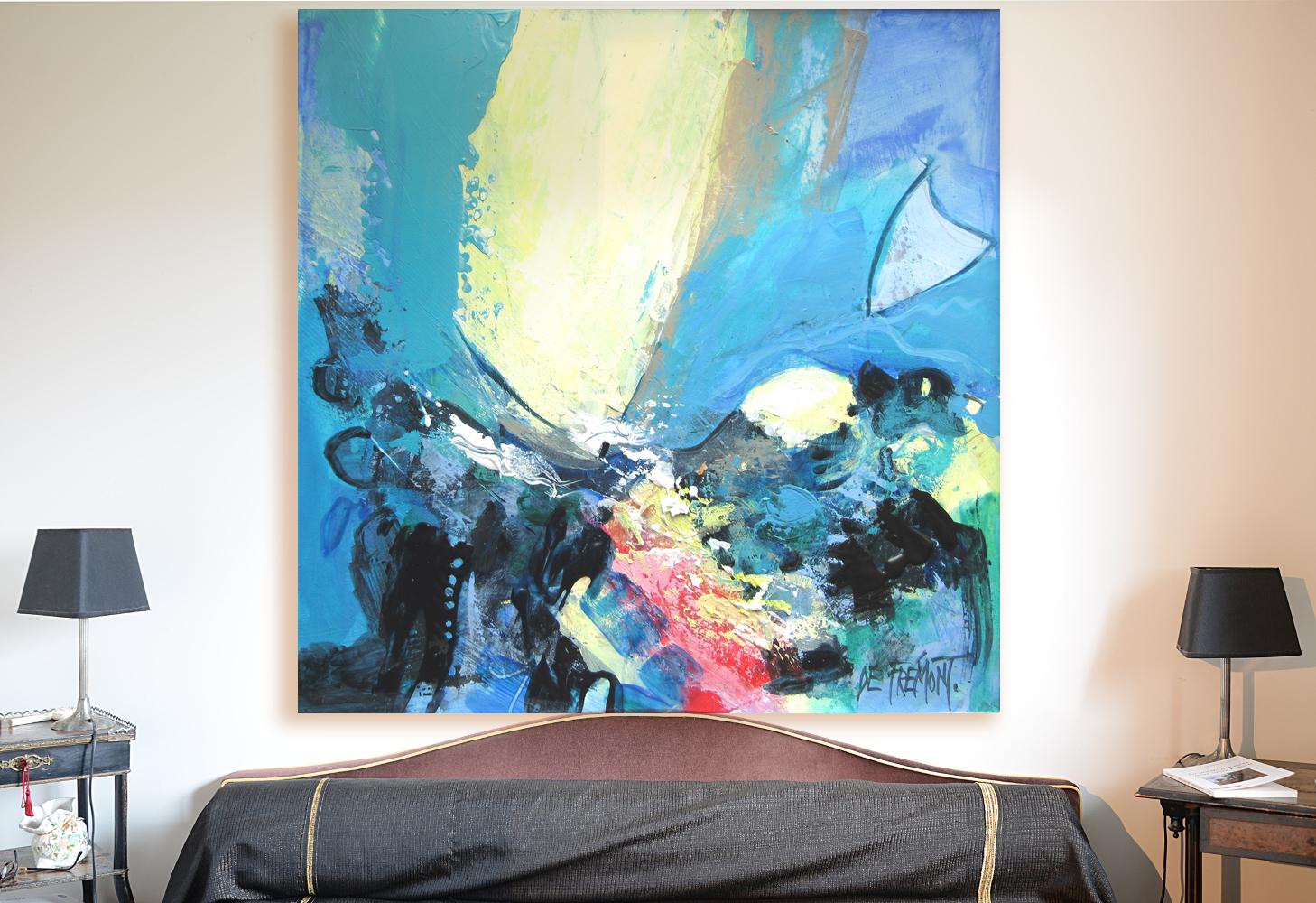 Großes farbenfrohes, quadratisches Meereslandschaftengemälde in Mischtechnik, „Sonnen auf dem Meer“ – Painting von Andrée de Frémont