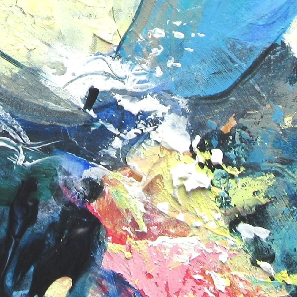 Großes farbenfrohes, quadratisches Meereslandschaftengemälde in Mischtechnik, „Sonnen auf dem Meer“ (Blau), Figurative Painting, von Andrée de Frémont