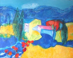 "A Nice Summer", Colorful Modern Landscape Mixed Media Painting