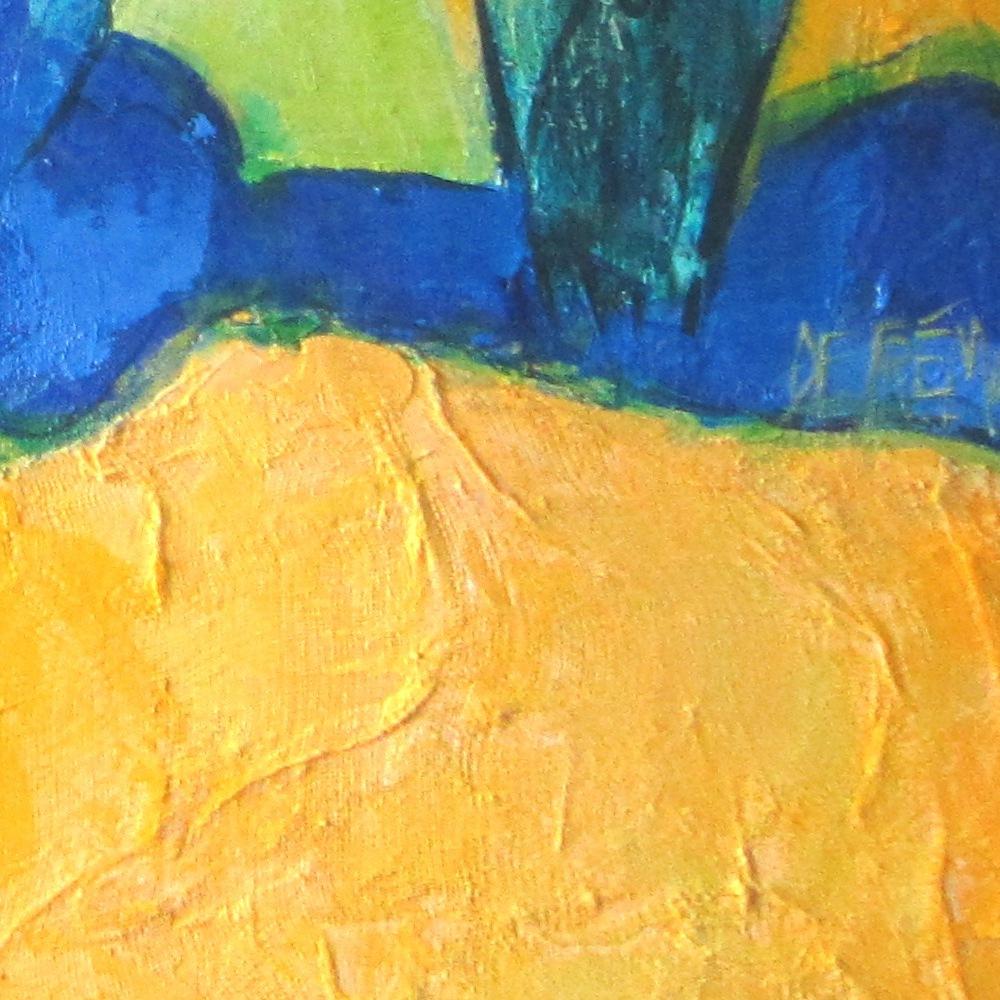Dieses Kunstwerk zeigt eine Landschaft in Südfrankreich.  Vor dem Hintergrund von bläulichen Hügeln, einer provenzalischen Mas, Zypressen, blauem Lavendel, intensiv gelben Feldern und rotem Mohn taucht diese Szene den Betrachter in das köstliche