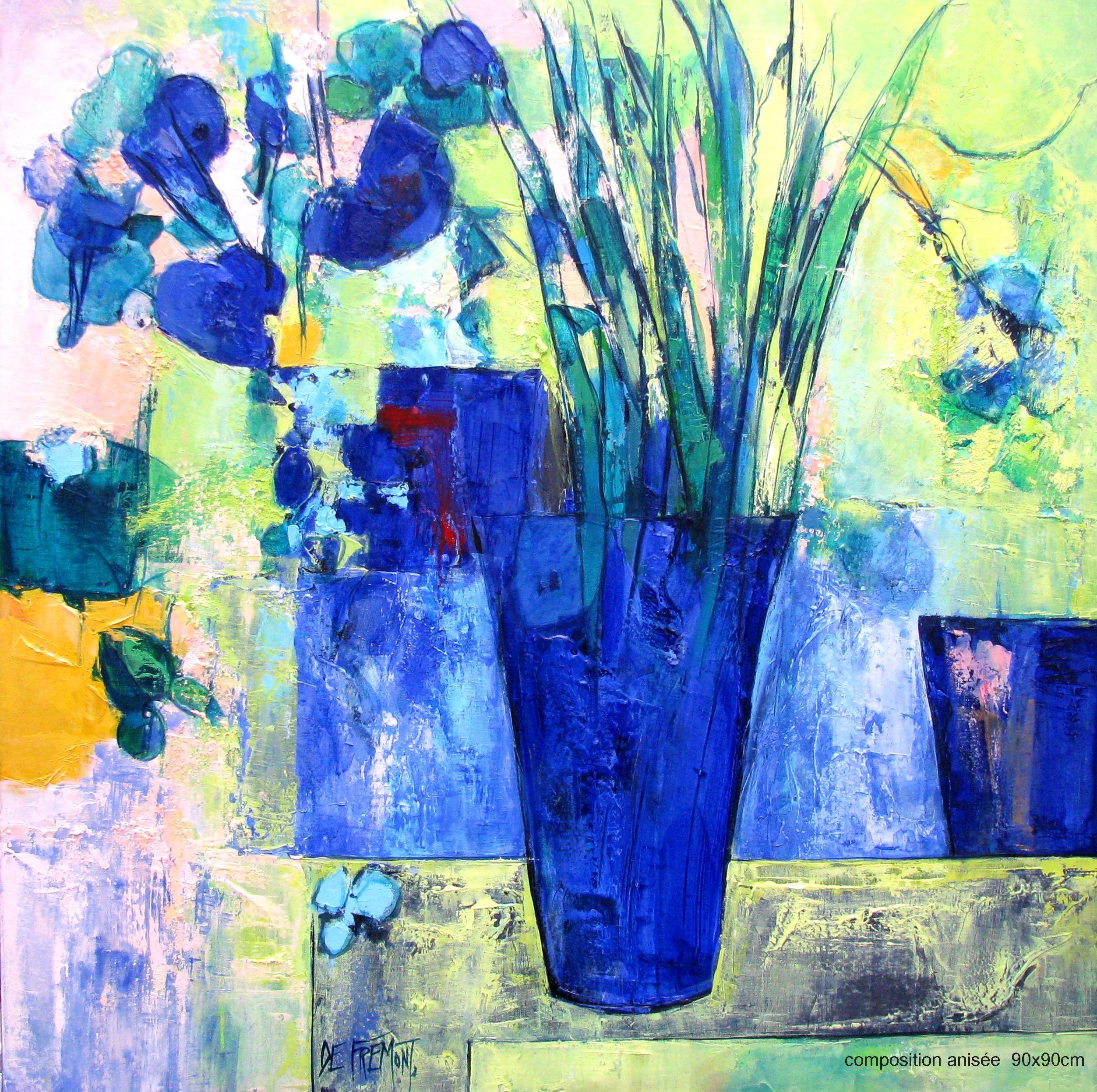 Andrée de Frémont Figurative Painting - "Aniseed Color", Blue Bouquet Mixed Media Oil Painting