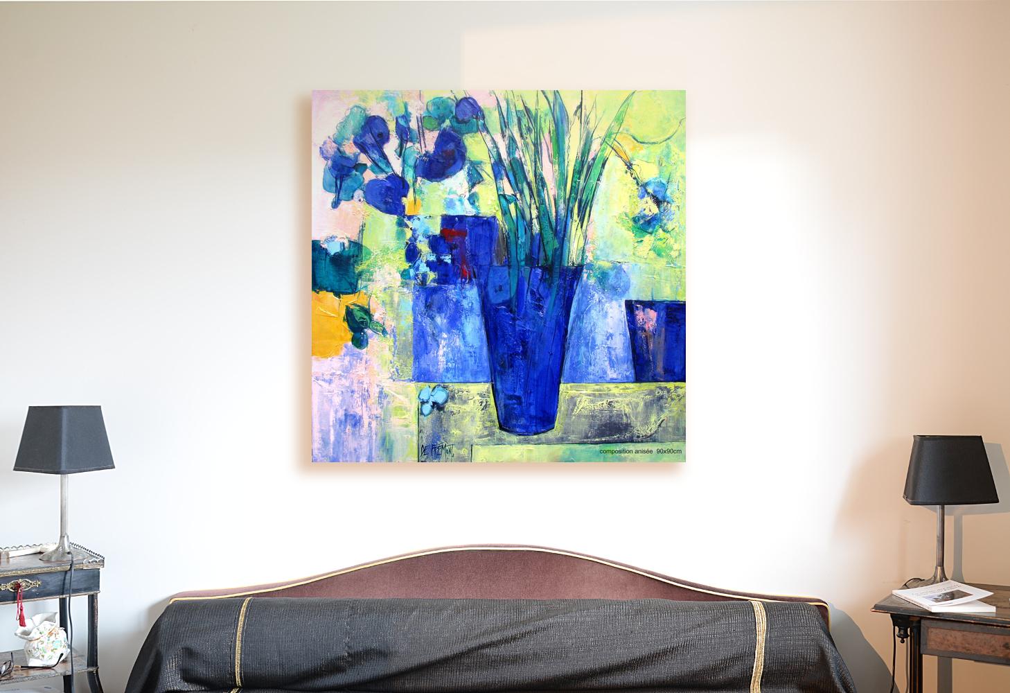 Blauer Blumenstrauß, Ölgemälde in Mischtechnik, „Aniseed Color“ – Painting von Andrée de Frémont
