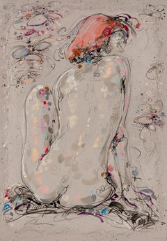 "Éloïse 2", Back View of a Red-Haired Sitted Nude Woman Mixed Media Painting